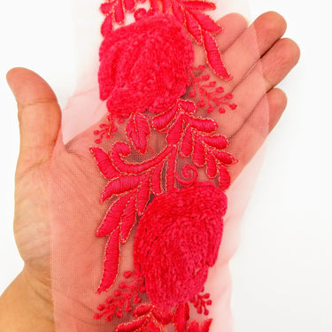 Salmon Pink Soft Net Fabric Lace Trim with Floral Embroidery, Lace Trim, Sari Border
